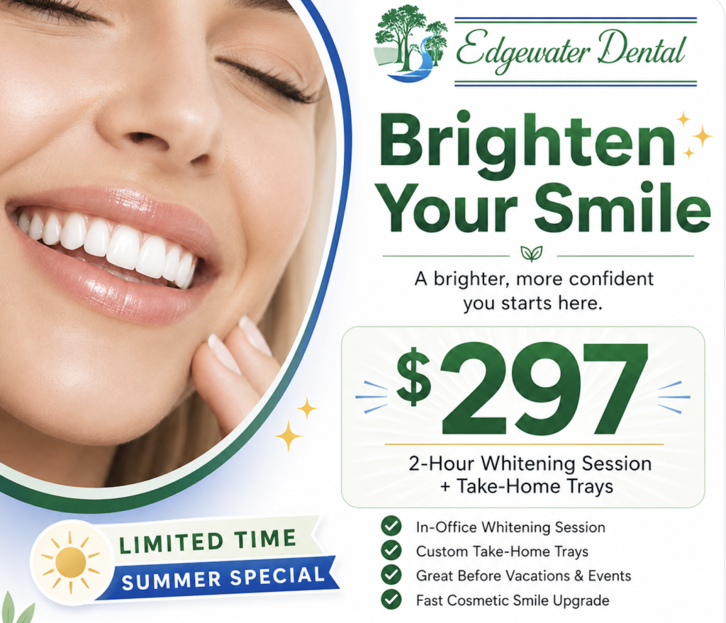 Smiling woman close-up beside Edgewater Dental promo with 'Brighten Your Smile' and a 7 whitening offer.