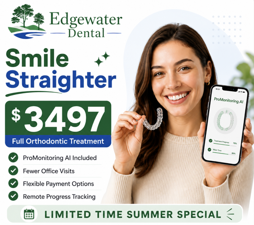 Edgewater Dental promo: smiling woman holds clear aligners and a smartphone, advertising ,497 full orthodontic treatment with 'Smile Straighter' text.